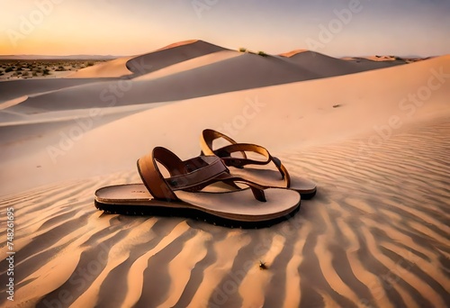 A pair of sandals left behind on a dune, surrounded by the warm hues of a desert evening