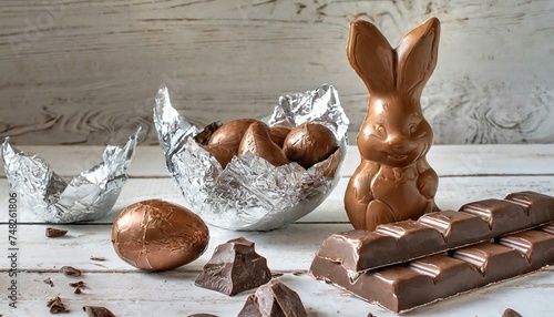 Ovos de páscoa de chocolate ( chocolate easter eggs ), coelho de chocolate e barras de chocolate.de chocolate.  photo