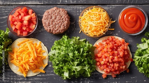ingredients, including smashed burger patties, fresh lettuce, diced tomatoes, and shredded cheese, ready to assemble into Smash Burger Tacos photo