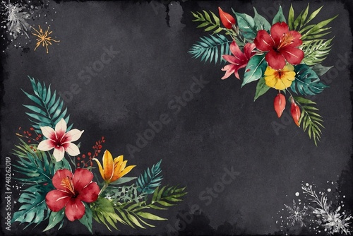 watercolour frame of bright tropical flowers border, design for scrapbooking, invitation or cards crafting
