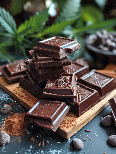 Cannabis-themed chocolate bars on cutting board, depicting the merge of taste and therapy
