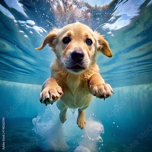 A golden labrador puppy's playful underwater antics in the pool - diving deep and jumping, captured in a funny photo. © Viktoryia