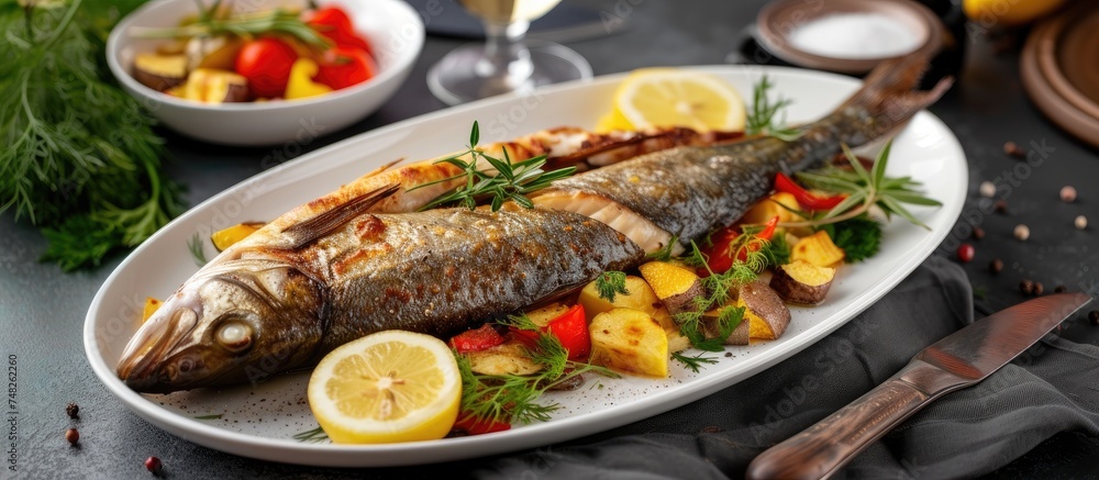A freshly cooked seabass lies on a white plate, accompanied by a vibrant bowl of assorted vegetables. This delicious and nutritious meal is enhanced by a cozy restaurant table setting, perfect for a A freshly cooked seabass lies on a white plate, accompanied by a vibrant bowl of assorted vegetables. This delicious and nutritious meal is enhanced by a cozy restaurant table setting, perfect for a