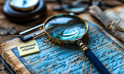 Detailed preparation for personal injury claims with notepad, pen, magnifying glass, and sticky note on a wooden desk highlighting legal documentation photo