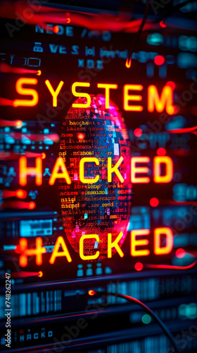 Alarming SYSTEM HACKED alert flashing on a server data panel, illustrating a cyber security breach with glowing lines of vulnerable code © Bartek