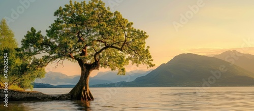 tree in golden light by the lake, with the calm water and distant mountains © gacor