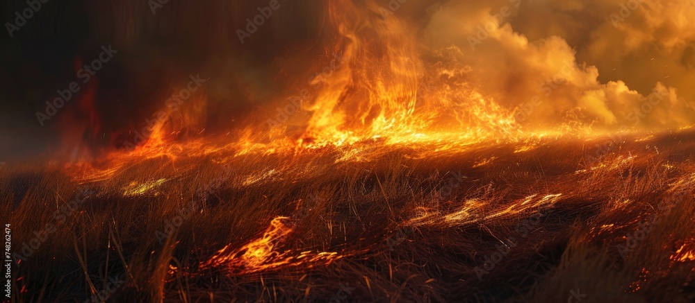 A vast field is ablaze, with flames devouring dry grass and burning straw, creating a scene of elemental forces in natures landscape. The wildfire is fueled by the forceful wind, spreading rapidly - obrazy, fototapety, plakaty 
