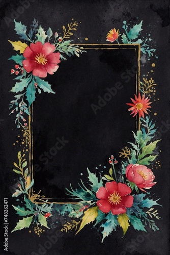 vintage dark greeting card with vibrant watercolour pink flowers border, frame for scrapbooking, invitation or cards