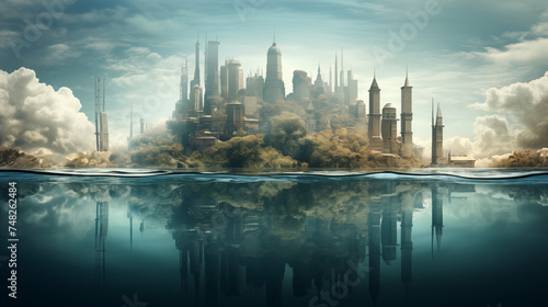 Submerged cityscapes in surrealism.Wallpaper Backgound