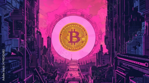 Bitcoin cryptocurrency with colorfull blurred candlestick chart in the background and reflection