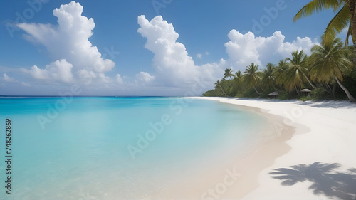 A white sandy beach with palm trees hanging over the water . ai generative