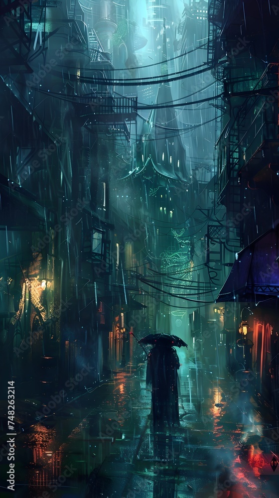 Rainy Cyberpunk Cityscape with Pedestrian