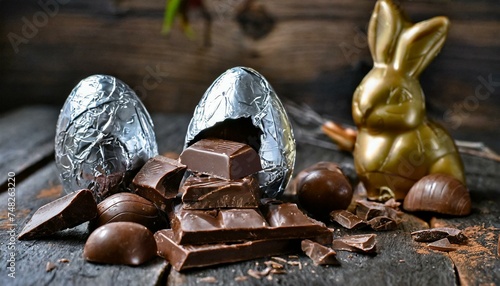 Ovos de páscoa de chocolate ( chocolate easter eggs ) e barras de chocolate. Grupo de ovos de chocolate sobre fundo de madeira.  Um coelho de chocolate na composição. photo