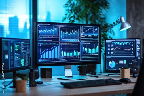 Modern trading workstation with multiple computer screens displaying graphs and global data