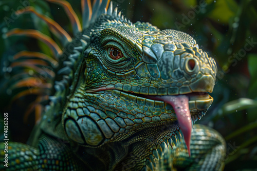 A spiky iguana with a green skin and a long tongue licking its eye.