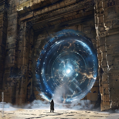 Fantasy Man Standing Next to Magical Green Orb in Grandiose Ruins photo