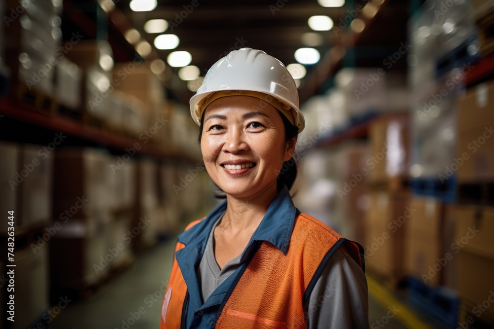 Portrait of a smiling middle aged asian female warehouse worker Portrait of a smiling middle aged asian female warehouse worker