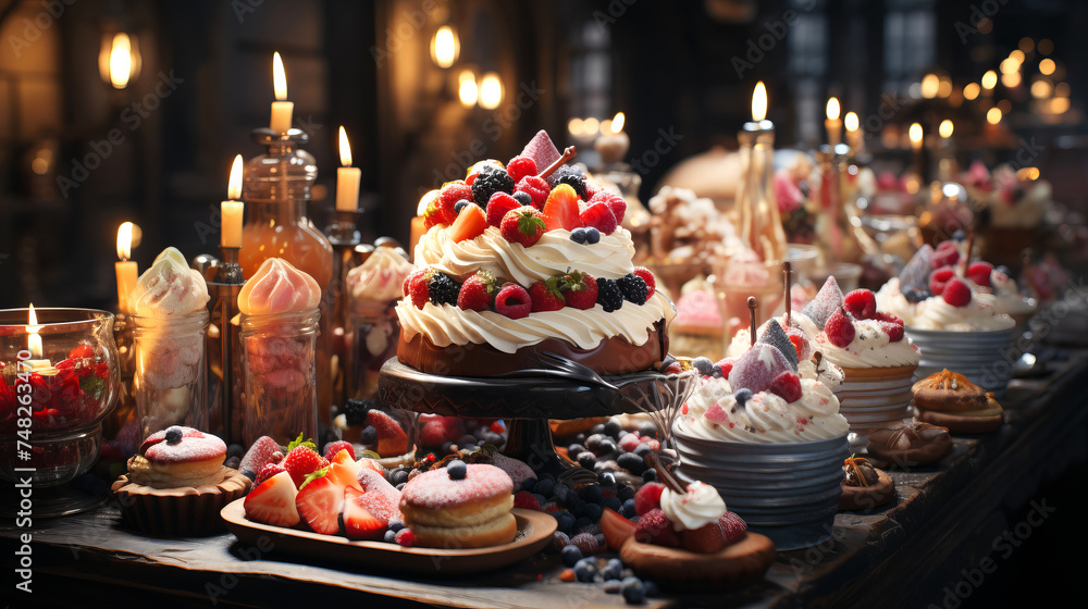 Birthday Dessert Buffet: A spread of sweet treats and desserts. Birthday Dessert Buffet: A spread of sweet treats and desserts.