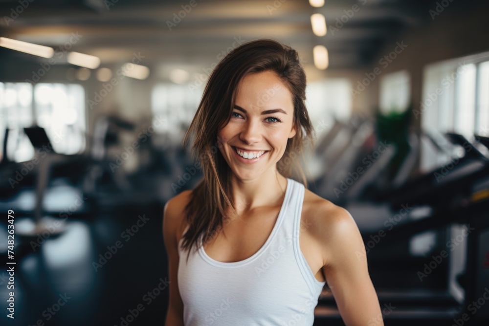 Fototapeta premium Portrait of a smiling female fitness coach in the gym