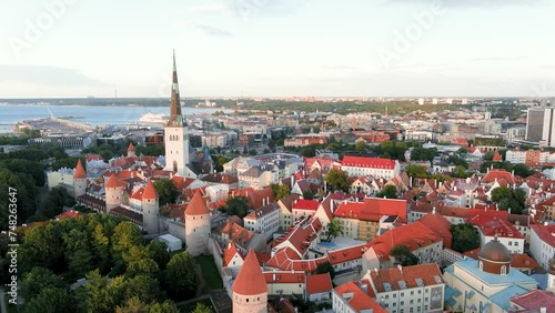 Iconic aerial skyline view of Tallinn Old Town and Toompea hill on a sunny summer evening. Stenbock House, Patkuli viewing platform, defensive walls, rooftops. UNESCO World Heritage site, Estonia photo