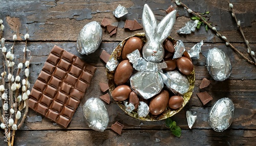 Ovos de páscoa de chocolate ( chocolate easter eggs ) e barras de chocolate. Visão de cima de um grupo de ovos de chocolate sobre fundo de madeira. Um coelho de chocolate na composição.
