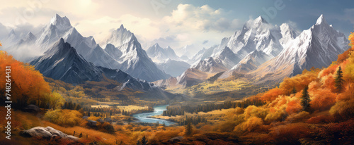 Autumn landscape with mountains and lake. Autumn panoramic scene with beautiful nature and colors