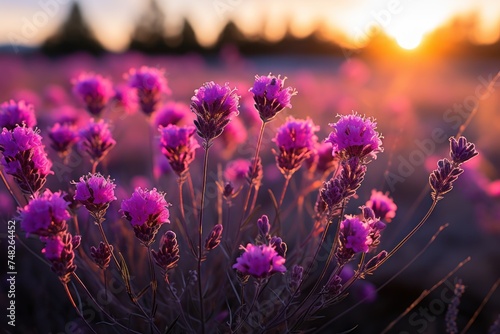 Sun setting behind a field of purple flowers