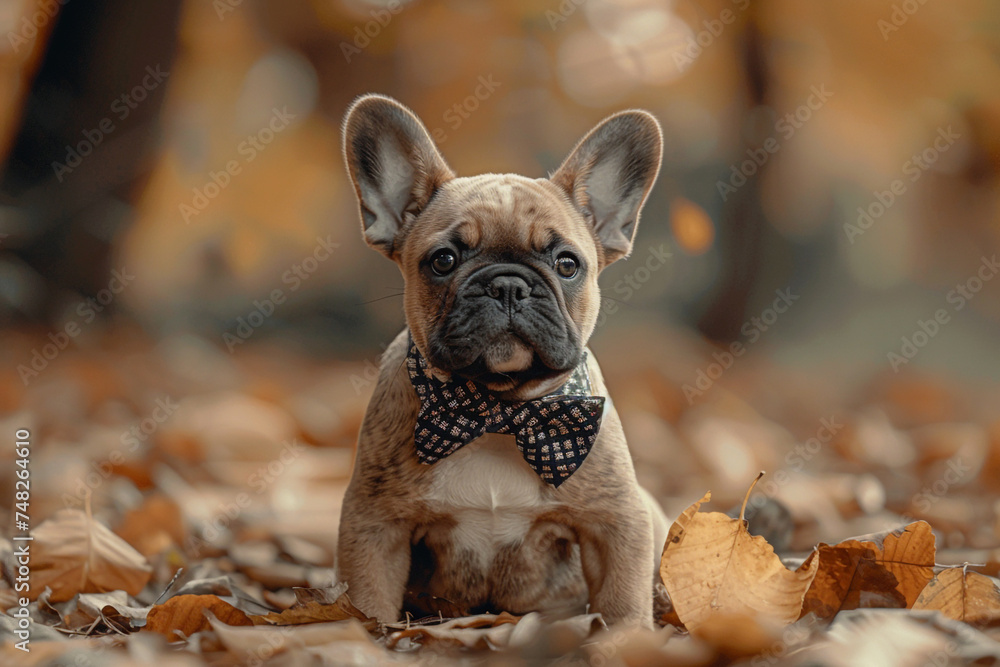 Adorable French Bulldog puppy in a bowtie, striking a pose that embodies charm, shot with a Canon EOS for vibrant colors and sharp focus.