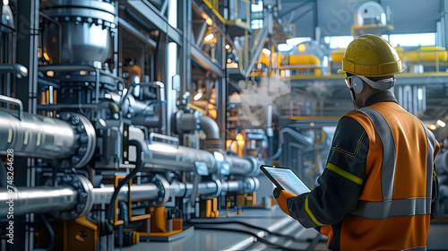 An engineer in special clothing and a high-visibility vest examines a tablet with an image of an industrial enterprise in the background.