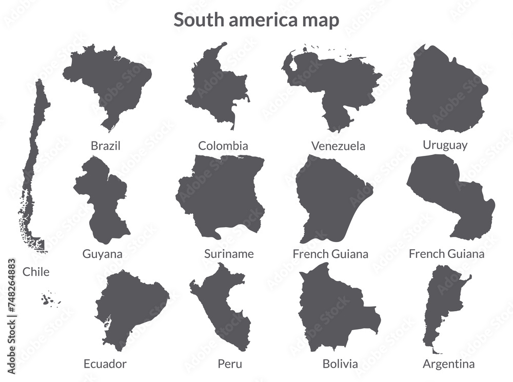 South America country Map. Map of South America in set grey color