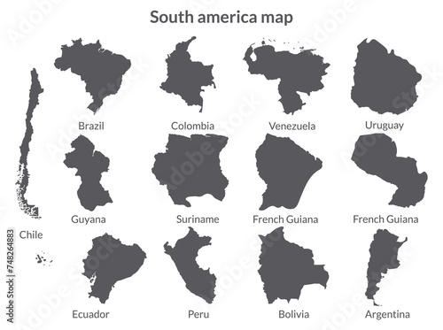 South America country Map. Map of South America in set grey color