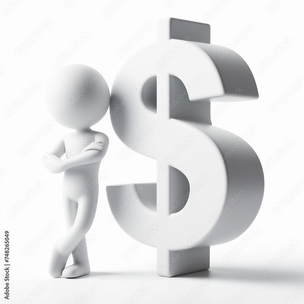White 3D figure next to the dollar symbol on a white background. AI generated White 3D figure next to the dollar symbol on a white background. AI generated