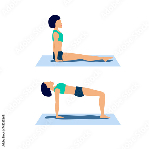 Ardha purvottanasana or reverse tabletop yoga pose. Crab pose for respiratory and endocrine systems stimulation. Woman workout educational scheme for physiotherapist, brochure, app, web. Vector