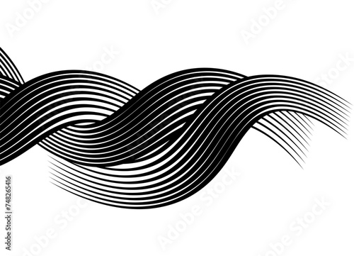 Abstract curls of hair from black wavy lines on a white background. Braid of hair. Striped design element. Vector background. Beauty salon decor