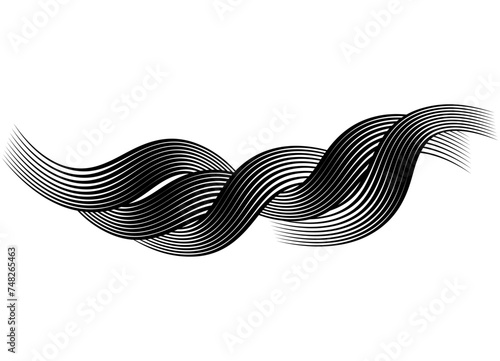 Curls of hair from black wavy lines on a white background. Abstract waves. Braid of hair. Striped design element. Vector background. Beauty salon decor
