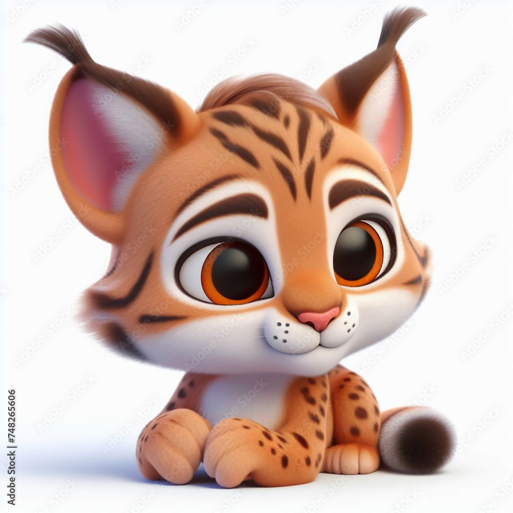 Fototapeta premium 3D funny lynx cartoon. Wild animals for children illustrations. AI generated