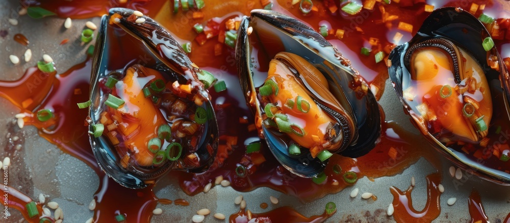 A close-up view of canned mussels sizzling in a hot pan, being cooked in a spicy sauce. The mussels are browning and absorbing the flavors of the sauce as they cook.