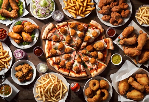 large table of assorted take out food such as pizza