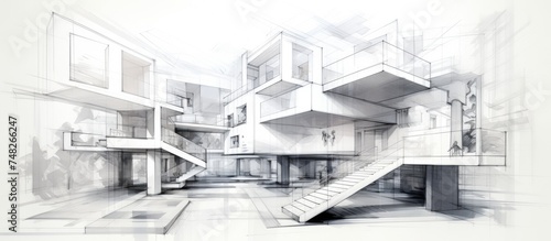 A detailed black and white drawing of a multilevel building with stairs leading up, showcasing the interior design with windows and various levels.
