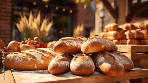 Freshly baked bread loaves variety on bakery shelf, close up.