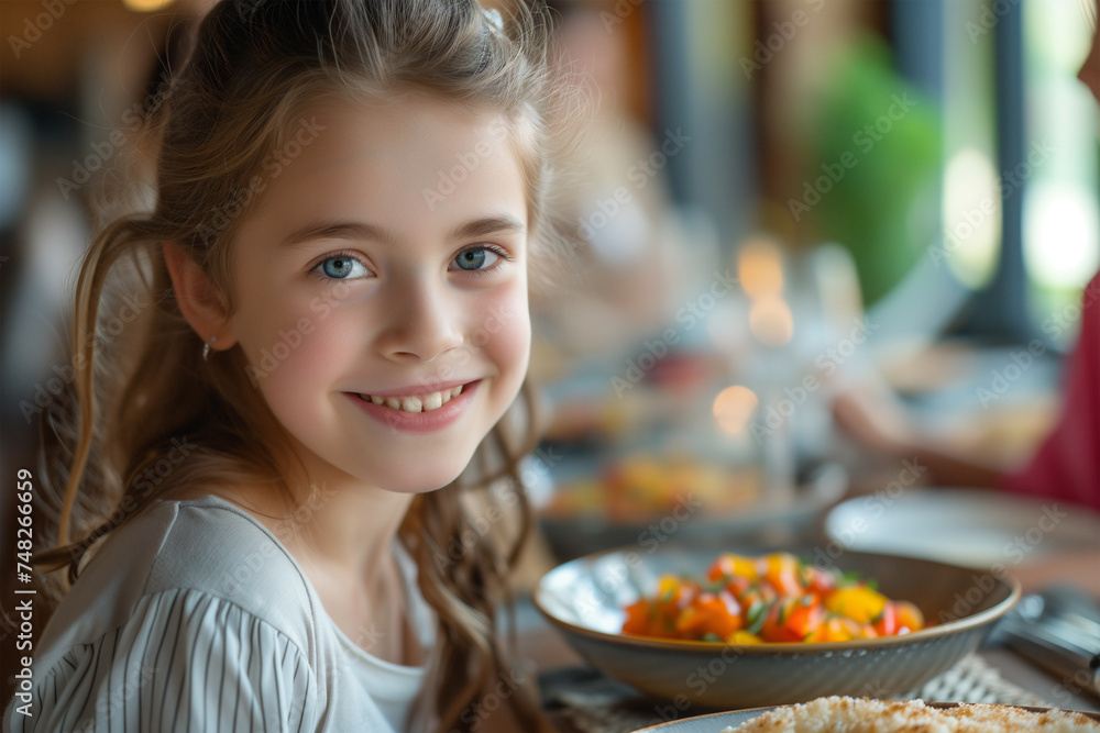 Smiling girl in restaurant with healthy meal. Generative AI image Smiling girl in restaurant with healthy meal. Generative AI image