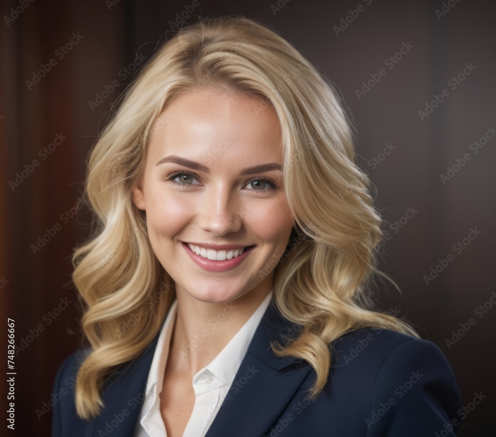 A smiling business office women with a suit inside her office. A smiling business office women with a suit inside her office.