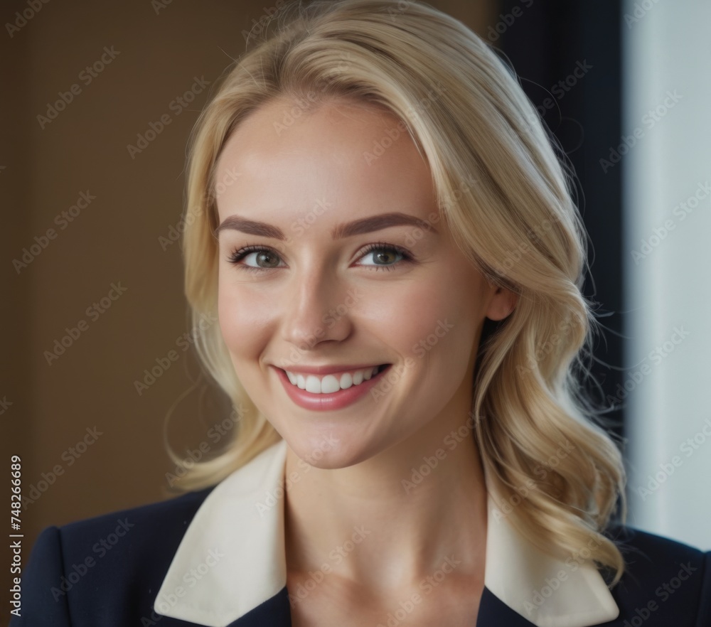 A smiling business office women with a suit inside her office. A smiling business office women with a suit inside her office.