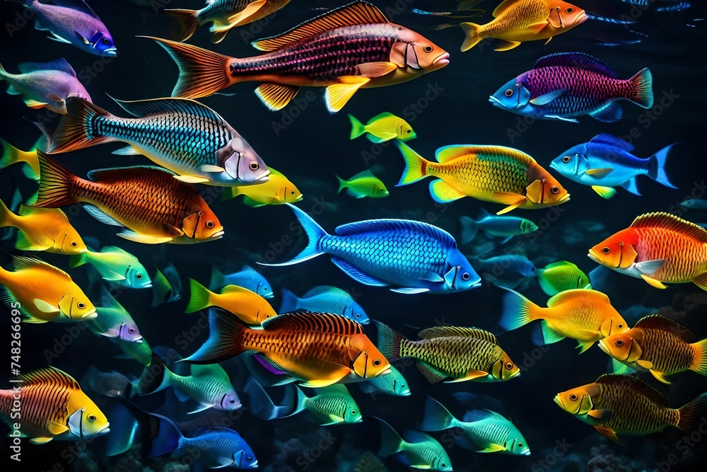 fish in aquarium, Immerse yourself in the mesmerizing beauty of colorful fish as they glide gracefully against a velvety black backdrop, their vibrant hues shimmering like jewels in the dark - obrazy, fototapety, plakaty 