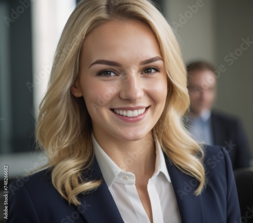 A smiling business office women with a suit inside her office.
