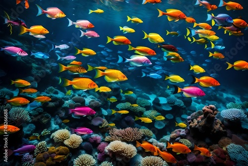 coral reef and fishes, Immerse yourself in the mesmerizing beauty of colorful fish as they glide gracefully against a velvety black backdrop, their vibrant hues shimmering like jewels in the dark © SANA