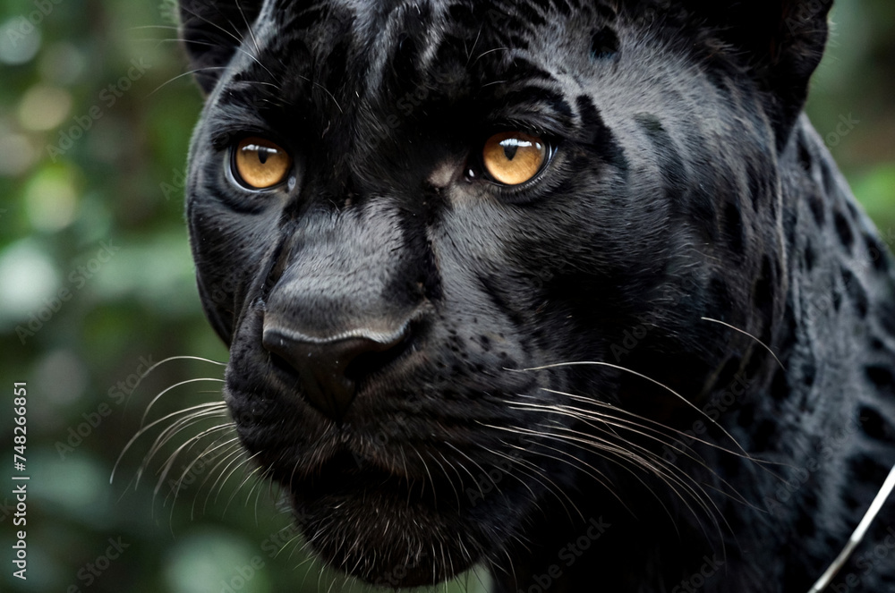 Up close and personal with black panther puma, natural habitat. Showcasing fierce and serious gaze as wild predator in exotic natural world. Animal themes wildlife concept. Copy ad text space. Gen Ai