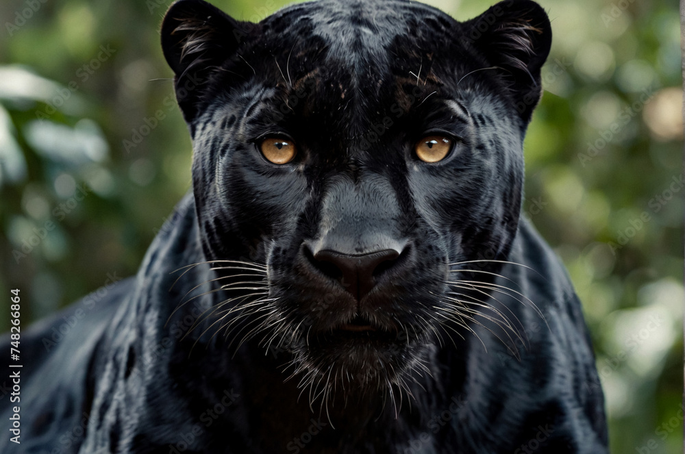 Up close and personal with black panther puma, natural habitat. Showcasing fierce and serious gaze as wild predator in exotic natural world. Animal themes wildlife concept. Copy ad text space. Gen Ai
