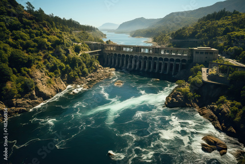 Majestic Hydroelectric Dam with Rushing Water. Generative AI image photo