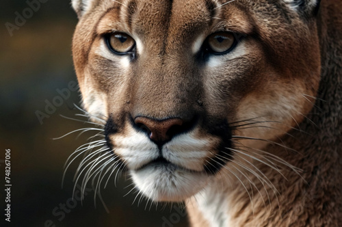 Up close and personal with cougar in natural habitat. Showcasing fierce and serious gaze as wild predator in exotic natural world. Animal themes wildlife concept. Copy ad text space. Generated Ai